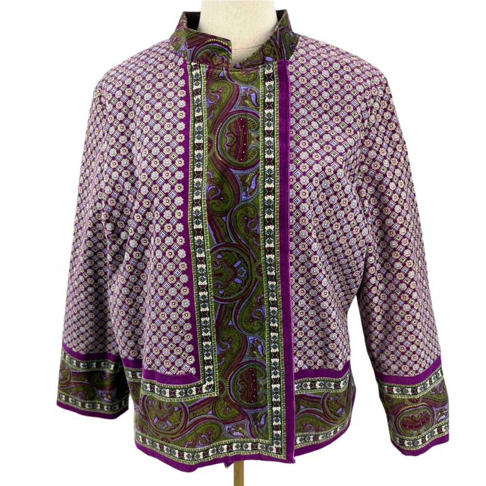 Isaac Mizrahi Purple Paisley Velvet Button Front Cardigan Blazer XLarge - Picture 1 of 6